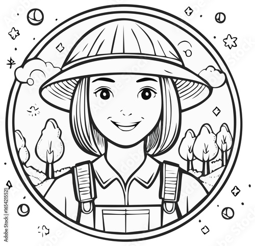 Smiling Gardener in Circle Frame Coloring Page with Trees and Stars