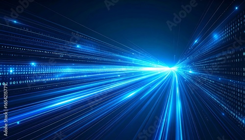 An abstract image depicting a rapid flow of blue light trails and binary code, symbolizing high-speed data transfer and technological advancement.