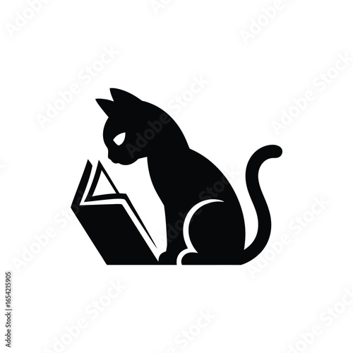cat reading an open book logo vector silhouette