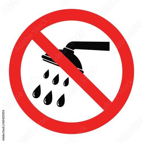 A red circle with a diagonal line through it over a black shower head with water droplets falling down vector