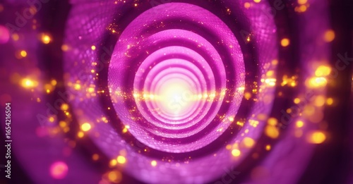 Vibrant purple tunnel, glowing center. Circular layers create depth, speckled with golden light particles. Abstract, futuristic design.