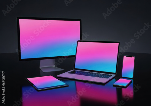 Modern electronic devices with vibrant gradient screens on a dark background