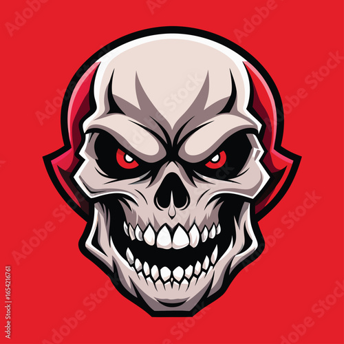 Fierce skull with glowing red eyes and sharp teeth menacing aggressive