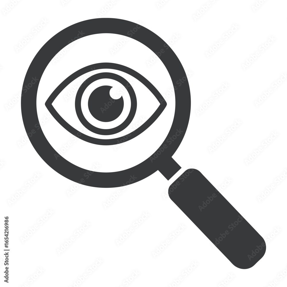 A graphic illustration of a magnifying glass focusing on a stylized eye in black and white color vector A graphic illustration of a magnifying glass focusing on a stylized eye in black and white color vector