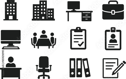 office-related icons such as buildings, desks, computers, briefcases, meeting rooms, and office supplies.