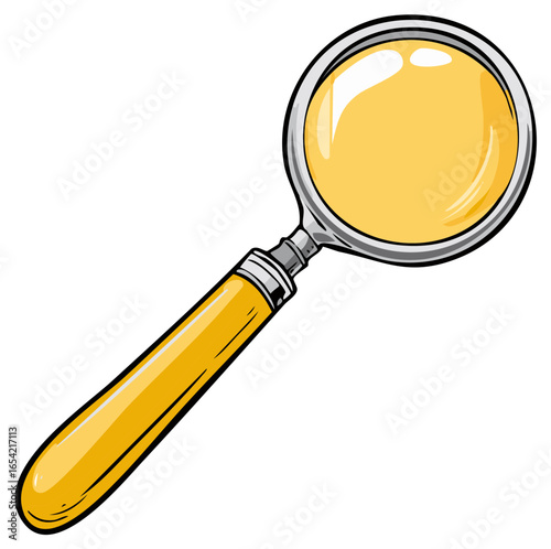 Classic magnifying glass with yellow handle and lens in a bold comic book art style