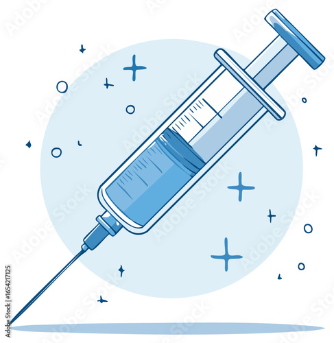 Cartoon illustration of a medical syringe with a needle and blue vaccine for injection