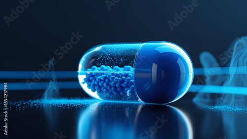 Discover cutting-edge pharmaceutical innovation with a detailed macro view of a glowing blue capsule filled with microscopic spheres and a wispy smoke effect.