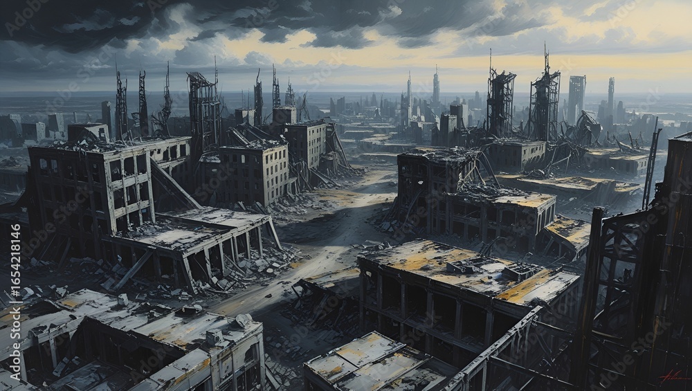 Obraz premium A post-apocalyptic city with ruined buildings in dramatic shades
