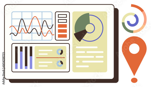 Analytical dashboard featuring line graphs, bar charts, pie chart, and a location pin. Ideal for data visualization, business intelligence, analytics, strategy planning, performance metrics