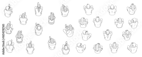 Architectural drawings of sitting people top back perspective vector illustration for urban planning layouts campus design public seating arrangements and crowd visualization