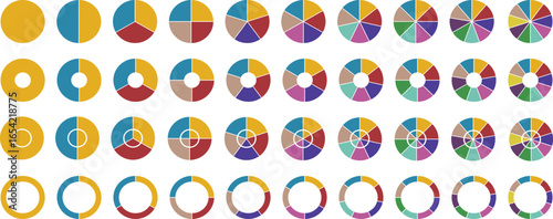 Pie chart divided 4,5,6 equal parts. Pie chart infographic set. Color pizza or donut round diagram. Pie chart set, segmented circle icons, circle diagram with sections or parts - vector. 