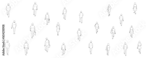 Architectural drawings of walking people top back perspective vector illustration for urban planning layouts campus design pedestrian flow studies and crowd movement visualization