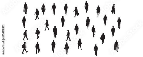 Architectural drawings of walking people top perspective silhouette vector illustration for urban design layouts campus planning pedestrian pathways and crowd movement visualization