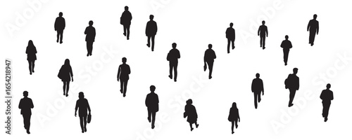 Architectural drawings of walking students top back perspective silhouette vector illustration for urban planning educational campus layouts pedestrian pathways and crowd movement visualization
