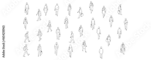 Architectural drawings of walking people top perspective vector illustration for urban planning layouts campus design pedestrian pathways and crowd movement visualization