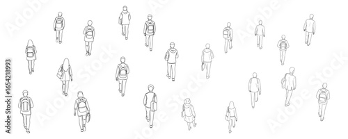 Architectural drawings of walking student top back perspective silhouette vector illustration for urban design educational campus planning layouts pedestrian movement and crowd visualization