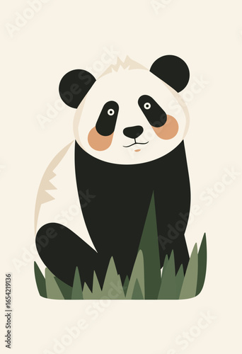 A charming and cute cartoon panda character sitting with a friendly expression, an adorable flat design vector illustration perfect for children's books or mascots.
