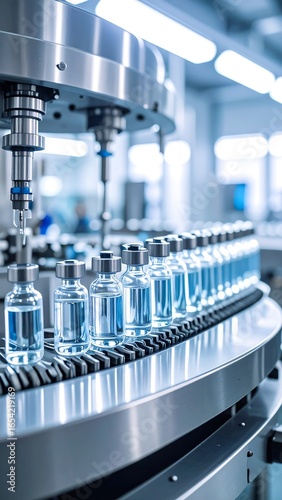 Vials filled with blue liquid on an automated pharmaceutical production line in a sterile factory.