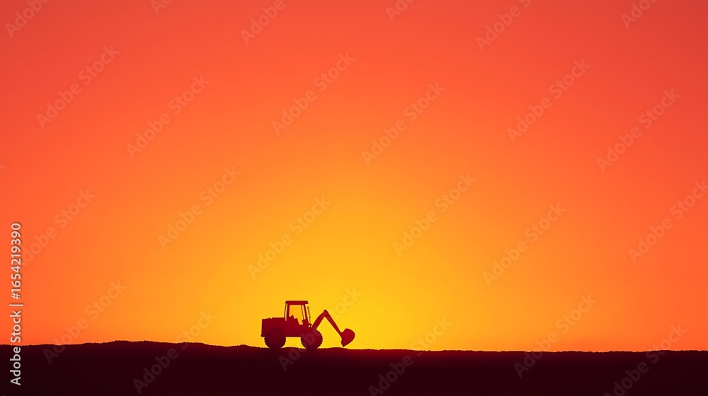 Fototapeta premium Tractor silhouetted against a vibrant sunset sky