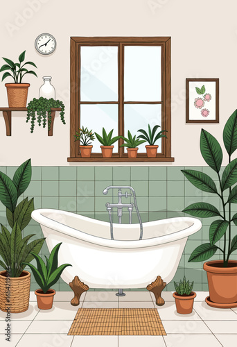 Cozy bohemian bathroom interior featuring a classic clawfoot tub surrounded by lush green houseplants, creating a serene urban jungle oasis for relaxation and self-care.

