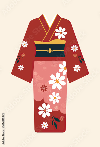 A modern flat design illustration of a red Japanese kimono with a beautiful white daisy pattern, a stylized and elegant representation of traditional Asian fashion.

