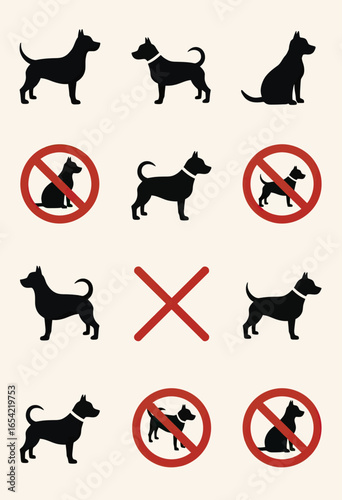 Set of minimalist dog silhouette icons for pet regulations, including prohibition signs and symbols indicating do's and don'ts for dog owners in public spaces.
