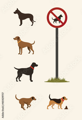 Vector illustration depicting various dog breeds next to a 'no pets allowed' signpost in a park, illustrating rules and regulations for pet owners in public areas.
