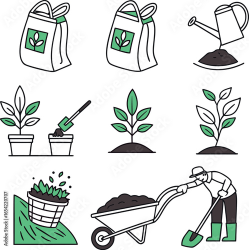Vector art of gardening icons showing planting, watering, and soil