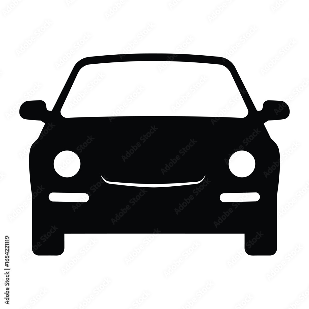 Obraz premium A simple black and white car illustration with headlights and a smiling grill front view design style vector