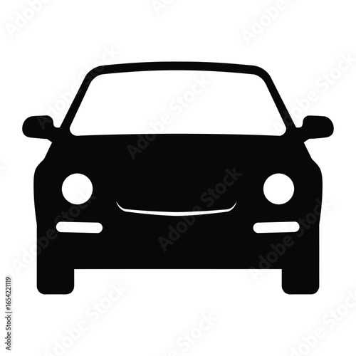 A simple black and white car illustration with headlights and a smiling grill front view design style vector