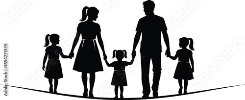 Silhouette of happy family with three daughters holding hands, walking together, parenting concept, love unity, black and white illustration