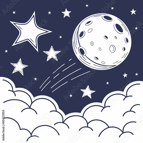 Dreamy night sky with moon, stars, and clouds isolated on white background, a vector illustration for sweet dreams and bedtime stories
