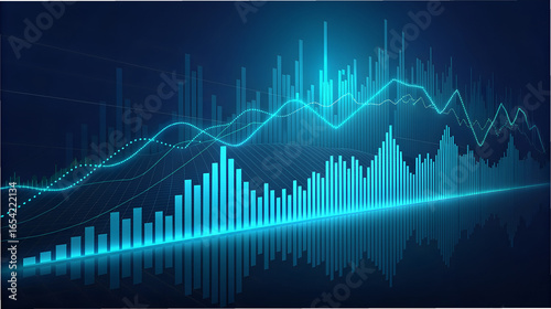 Futuristic blue digital financial data analysis and growth chart