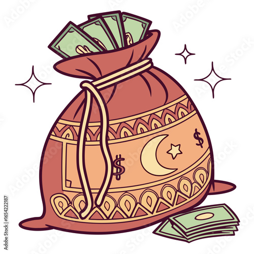 Illustration of a money bag with islamic finance symbols and cash, isolated on white background, perfect for zakat and ramadan themes
