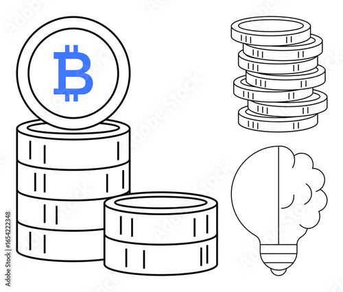 Stacks of Bitcoins alongside a brain-shaped lightbulb signify digital currency, innovation, and new ideas. Ideal for cryptocurrency, blockchain, technology, fintech, finance strategy, startups