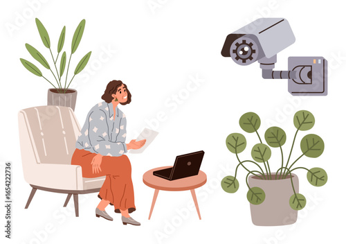 Woman seated on a chair holding paper, laptop on a table, indoor potted plants, visible CCTV camera. Ideal for privacy, surveillance, monitoring, technology, home security awareness workspace