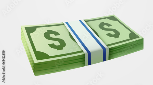 Pack of green paper currency. 3D render stack of dollar US. Money dollar banknote in cartoon style isolated. Vector illustration
