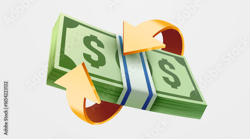 Pack of green paper currency with arrows. Cashback or moneyback concept. 3D render stack of dollar US. Money dollar banknote in cartoon style isolated. Vector illustration