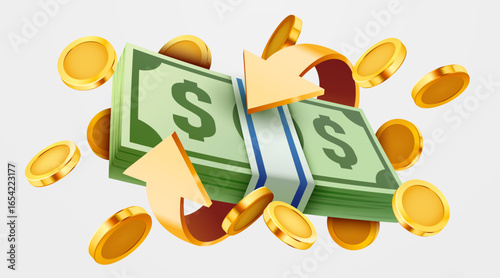 Pack of green paper currency with arrows and coins. Cashback or moneyback concept. 3D render stack of dollar US. Money dollar banknote in cartoon style isolated. Vector illustration