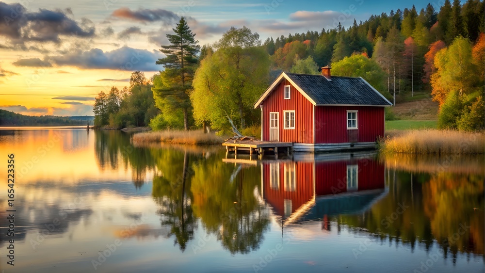 Obraz premium Red cabin on lake during autumn sunset