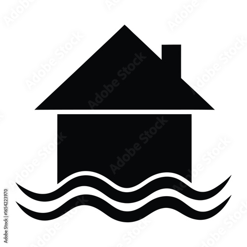A black silhouette of a house with a chimney sitting on top of two wavy lines representing water vector