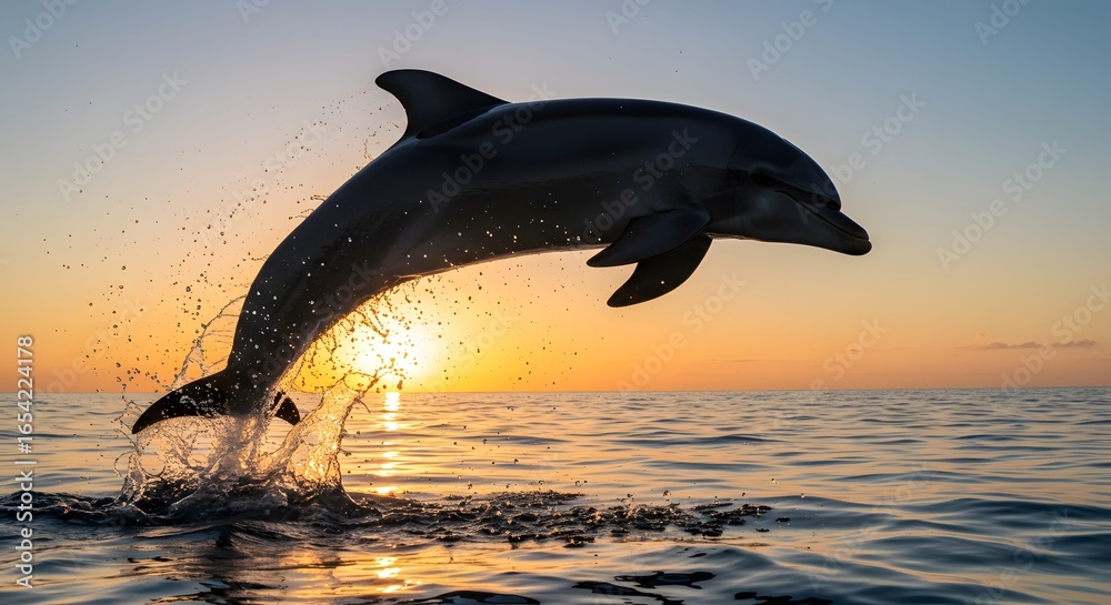 Fototapeta premium Dolphin leaping out of ocean at sunset