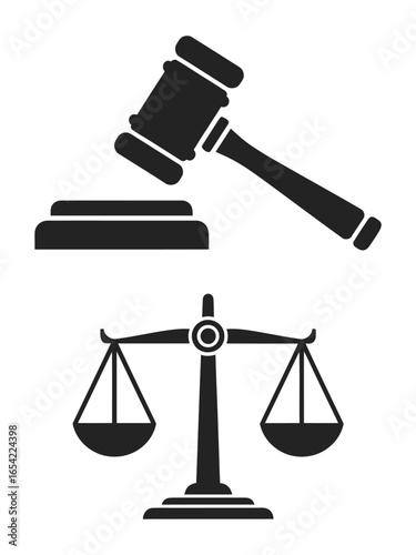 A graphic illustration of a gavel and striking block above a balance scale in black and white vector