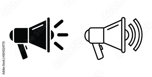 Two megaphone icons one black and one outlined with sound waves on a white background illustration vector