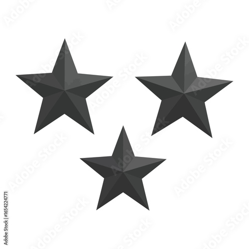 Three dimensional rendering of three black stars arranged in a triangular formation on white background vector