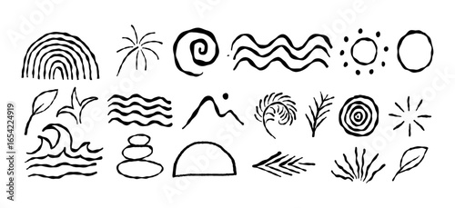 Vector abstract logo templates, icons and symbols, art prints with minimal shapes in  floral wavy ink rough hand drawn naive style, cover, packaging, branding design templates