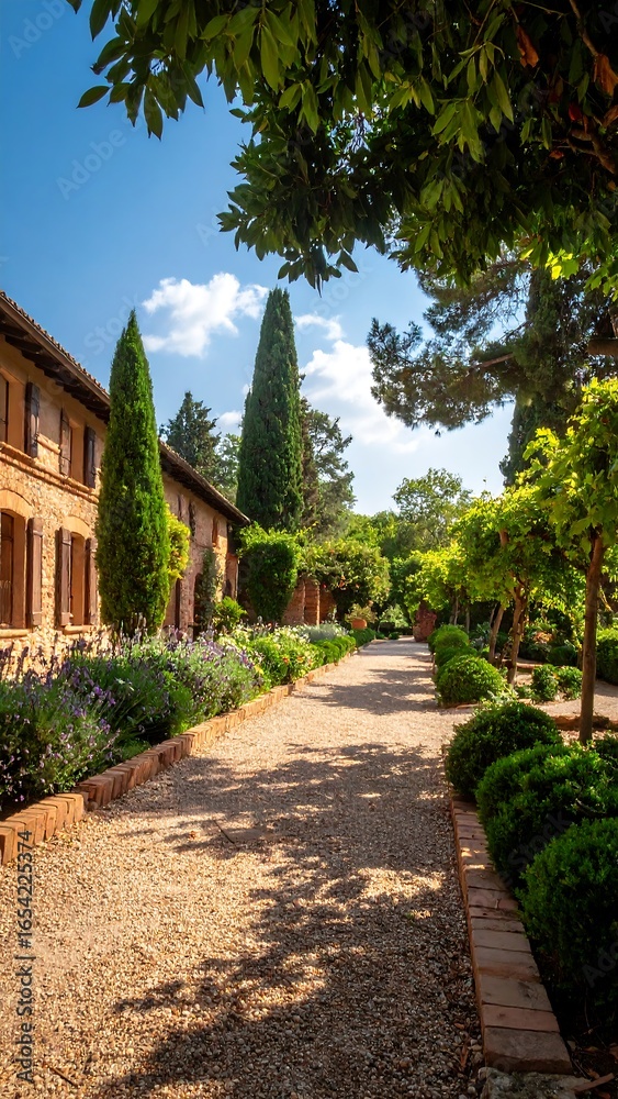 Fototapeta premium Sunny garden path through lush greenery