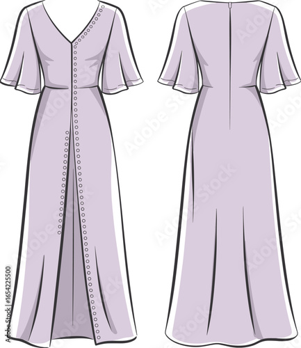 Elegant lavender dress, fashion illustration, evening gown design, flutter sleeves, button details, front and back view, vector art, cad drawing, flat vector illustration