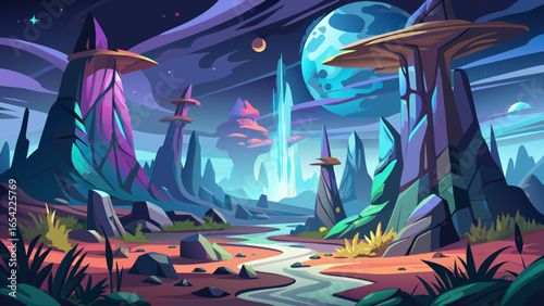 Mysterious alien landscape unfolds with towering rock formations, glowing plants shimmering brightly. Extraterrestrial atmosphere surrounds strange alien landscape, blending surreal light, radiant ene